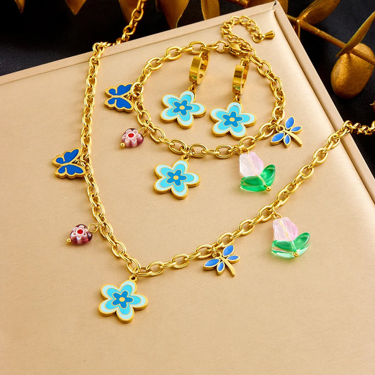 Elegant Blue Enamel Vintage  Flower Stainless Steel Jewelry Set