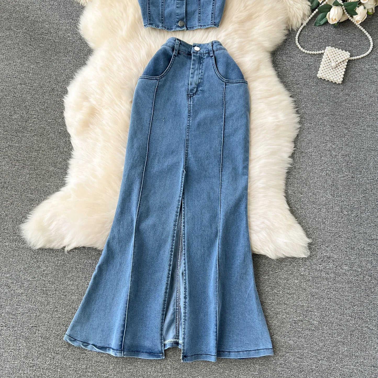 Denim Strapless Top and Long Skirt Set