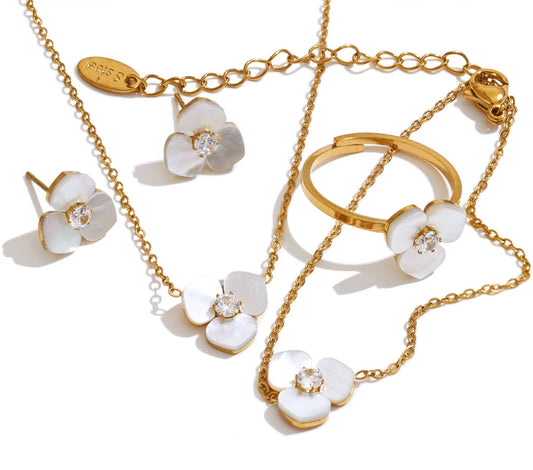 Shell Flower Jewelry Set Waterproof Gold Tone Stainless Steel