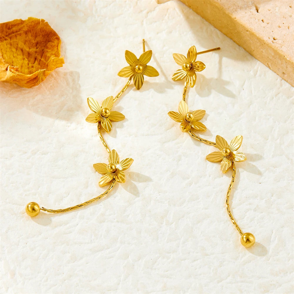 Gold Plated Flower Tassel Earrings Stainless Steel