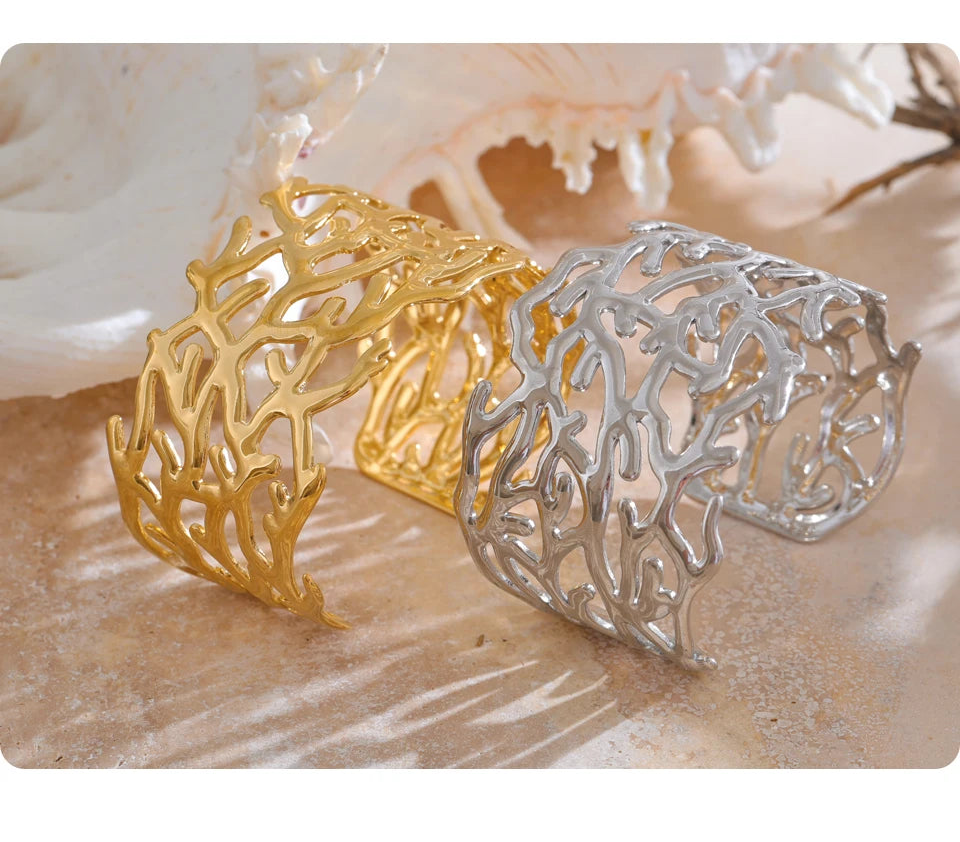 Vintage Twig Wide Cuff Waterproof Stainless Steel Bangle