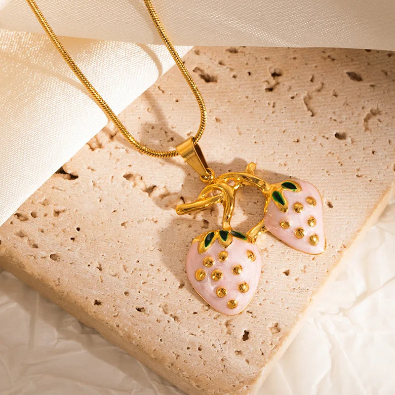 Strawberry Pendant Necklace Stainless Steel Enamel Chain