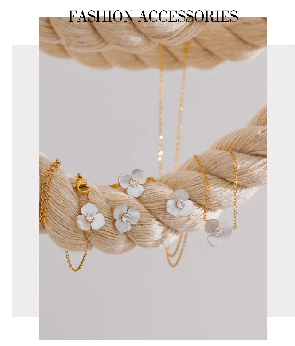 Shell Flower Jewelry Set Waterproof Gold Tone Stainless Steel
