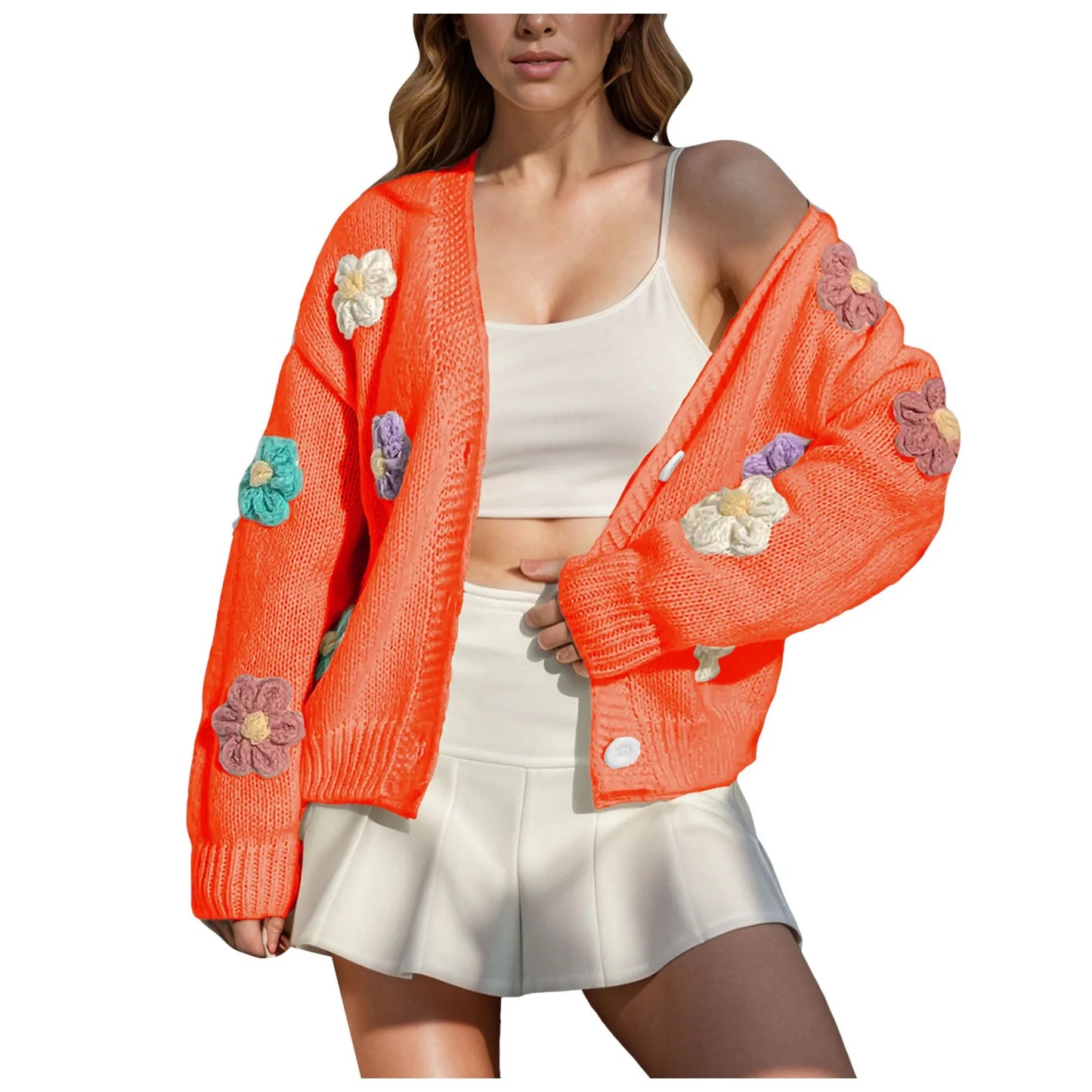 Floral Knit Cardigan Button Down Cropped Sweater