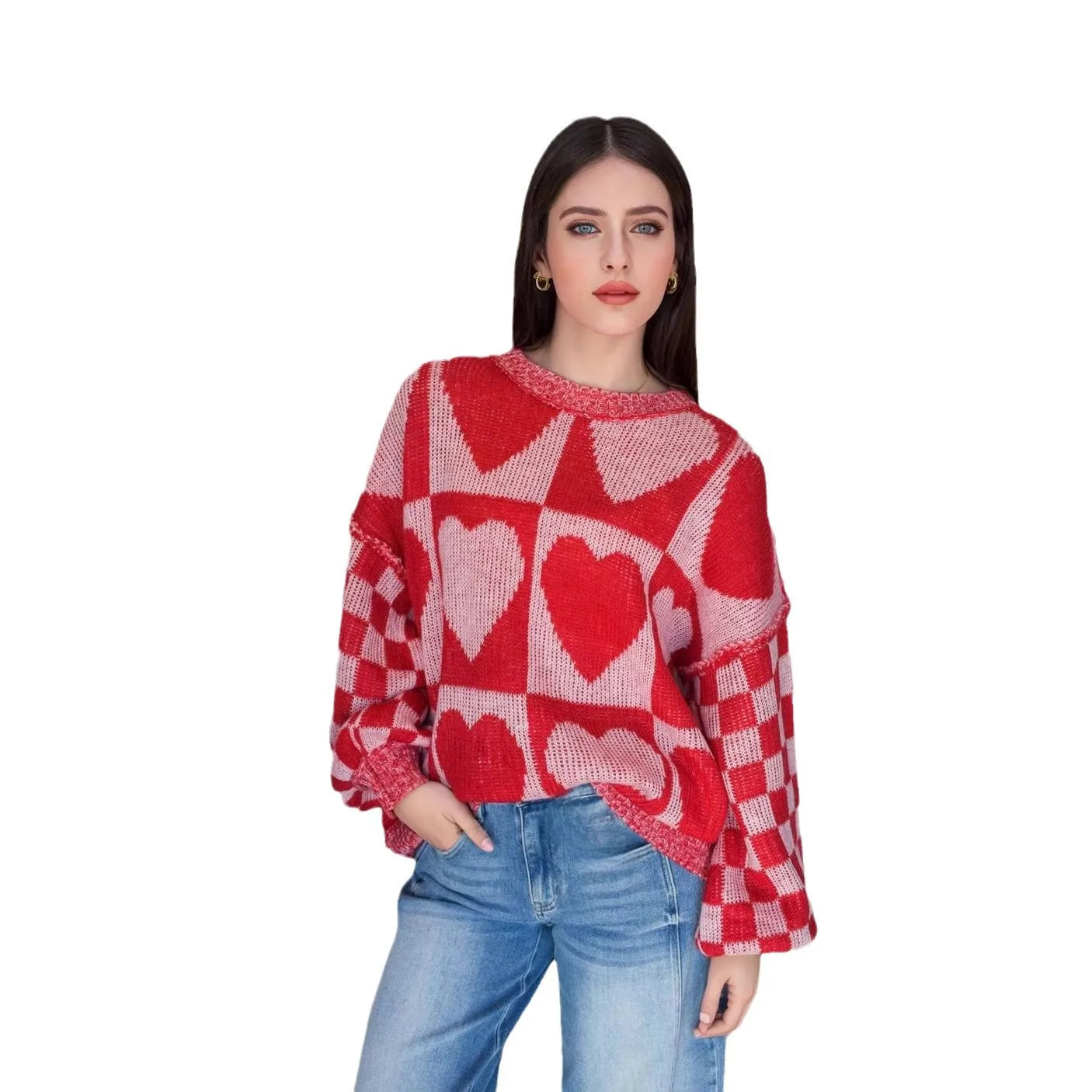 Casual Heart Knit Round Neck Sweater