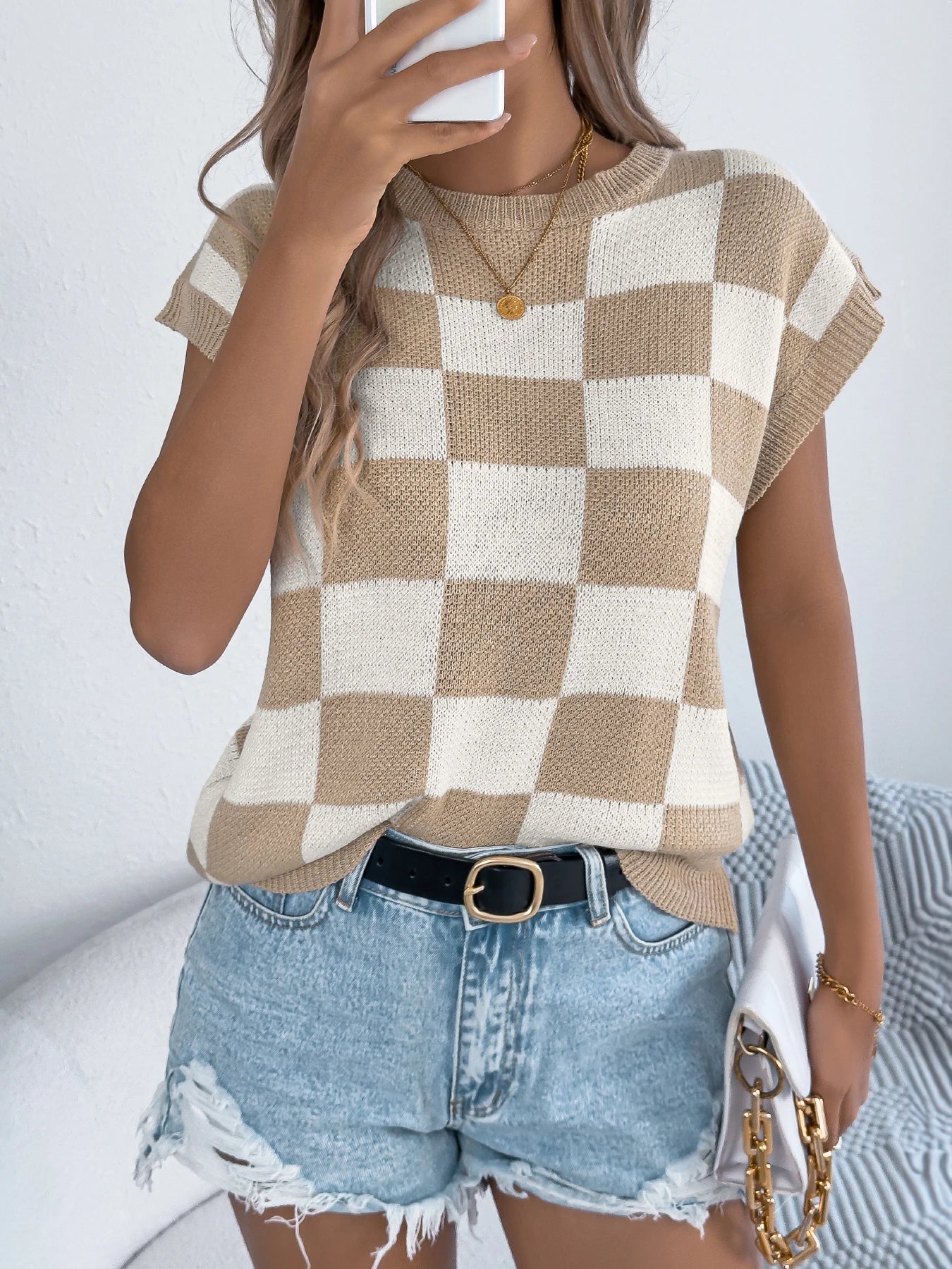Color Block Plaid Knit Top Short Sleeve Pullover