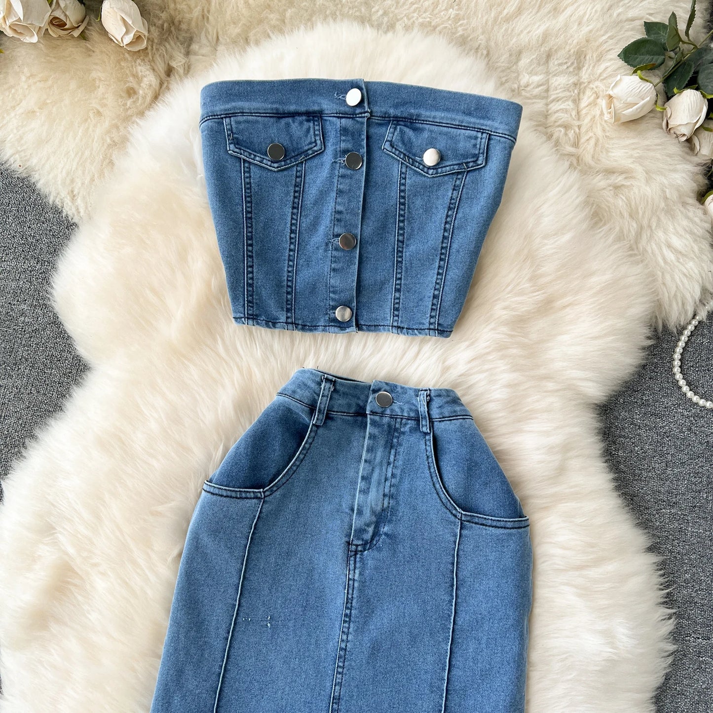 Denim Strapless Top and Long Skirt Set
