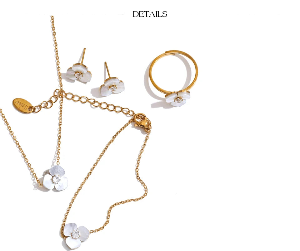 Shell Flower Jewelry Set Waterproof Gold Tone Stainless Steel