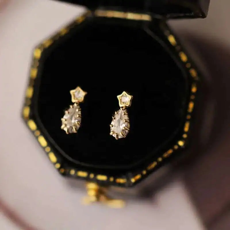 14K Gold Star Zircon Drop Earrings