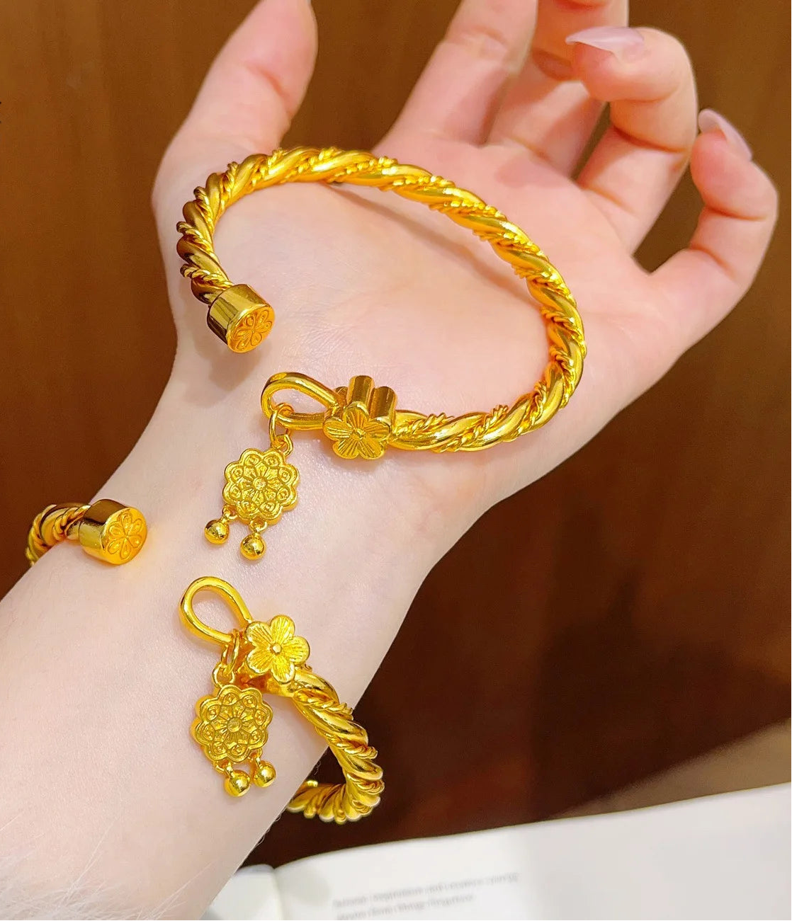 24K Gold Peach Blossom Open Bangle Bracelet for Women Lucky Symbol Jewelry