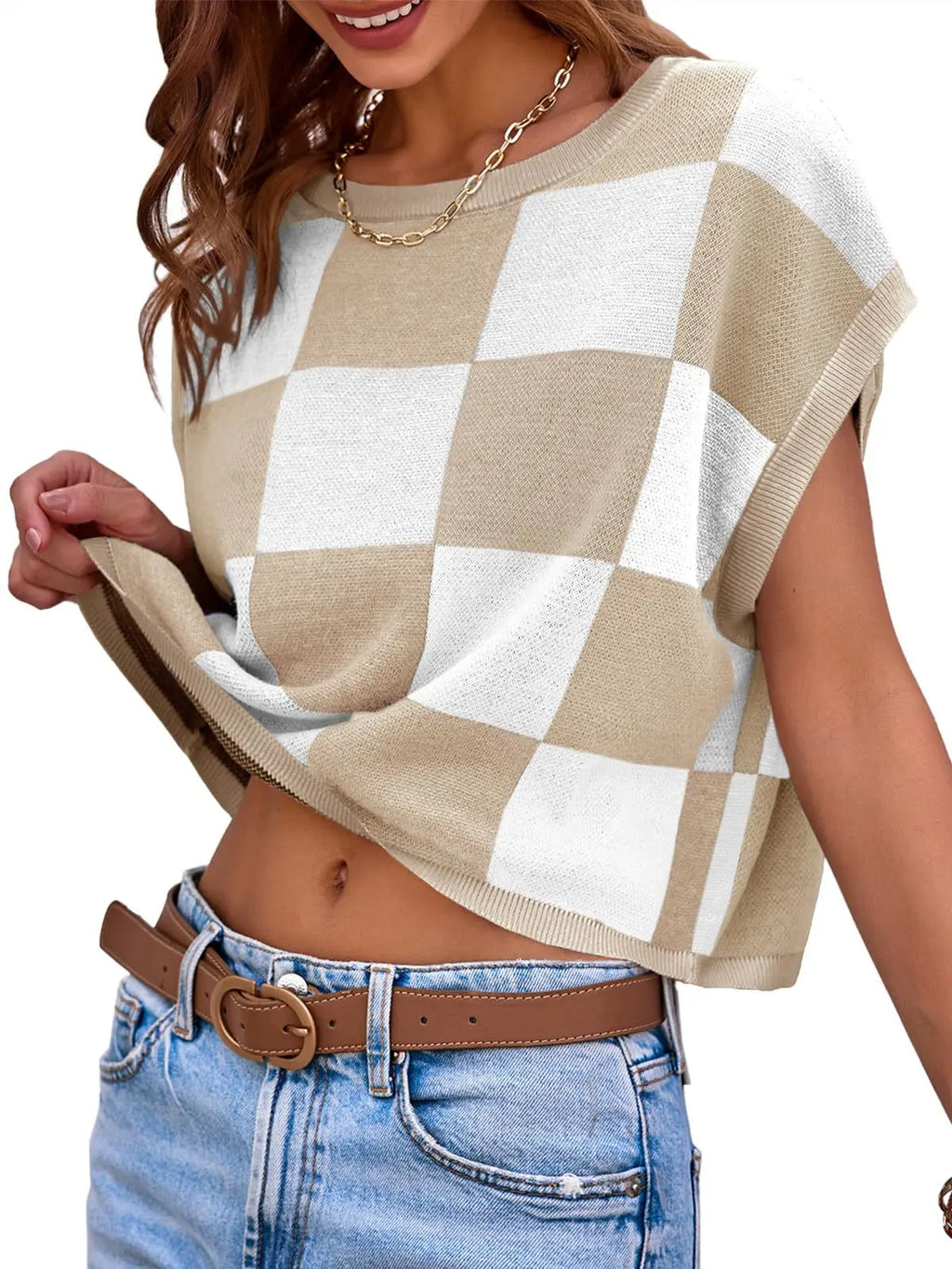 Color Block Checkerboard Knit Crop