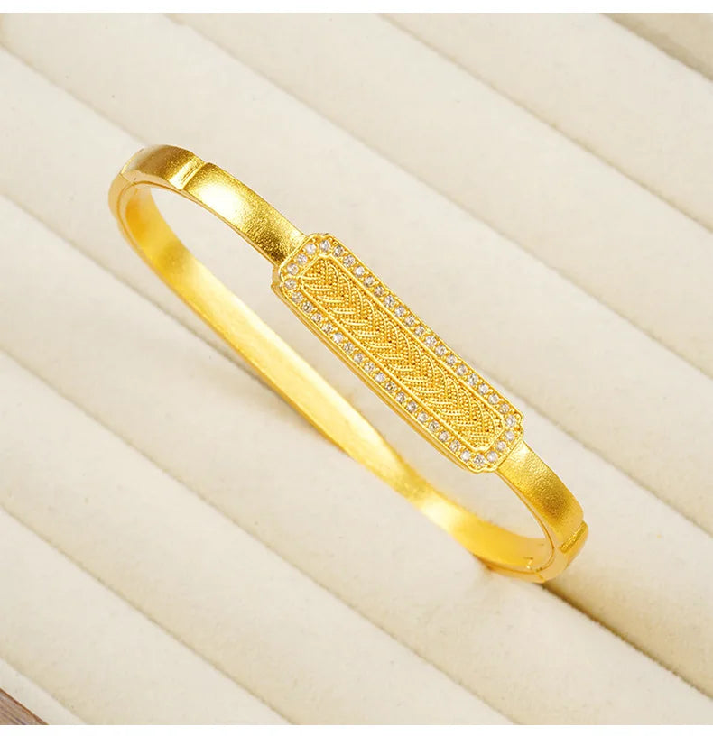 24K Women’s Gold Tone Zircon Bangle Wheat Square Design Adjustable Gift Bracelet