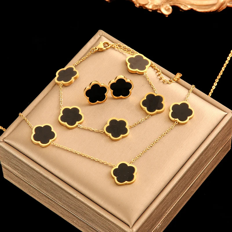 Five Clover Necklace Bracelet Earrings 18K Gold Plated Jewelry Set