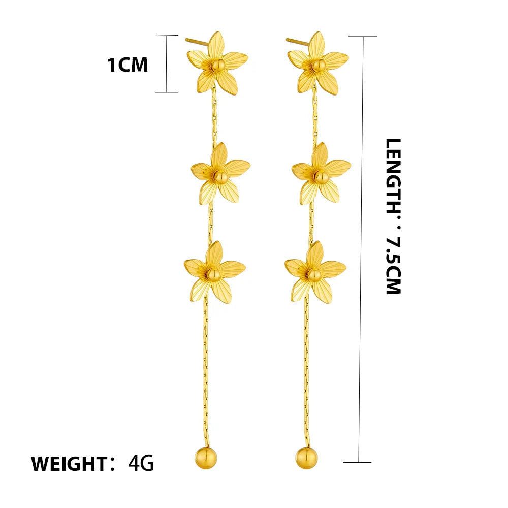 Gold Plated Flower Tassel Earrings Stainless Steel