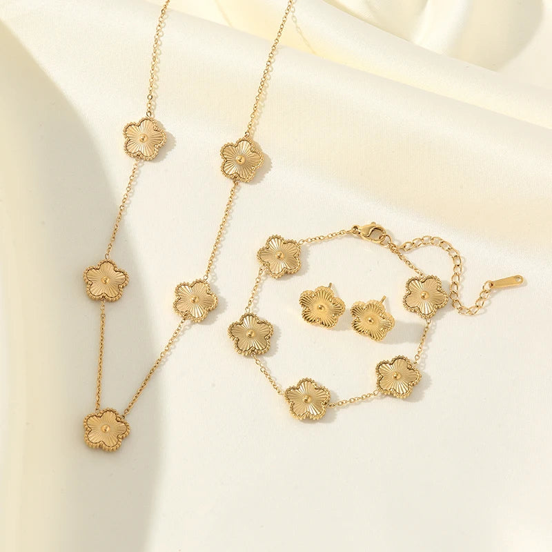 Five Clover Necklace Bracelet Earrings 18K Gold Plated Jewelry Set