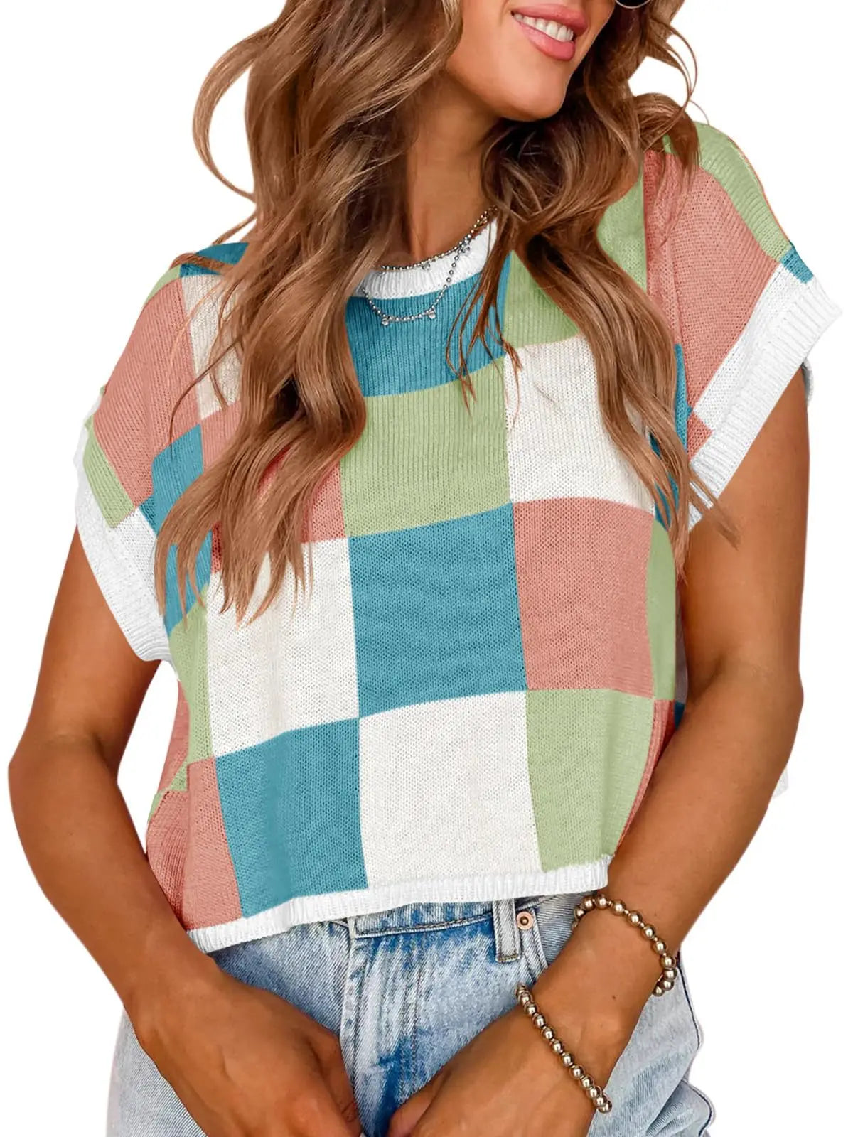 Color Block Checkerboard Knit Crop