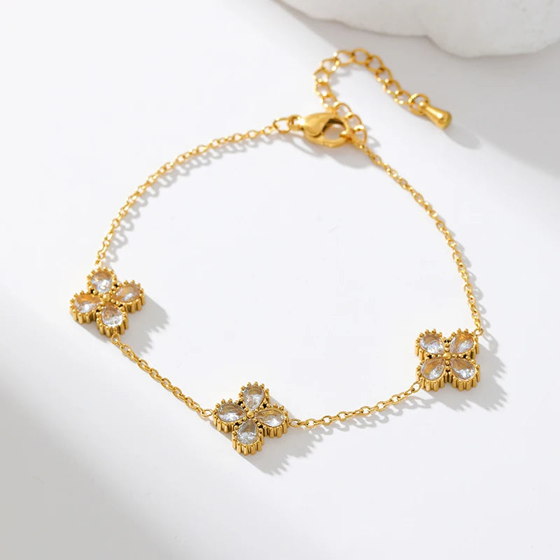 Gold-Tone Flower Zirconia Jewelry Set  Waterproof Stainless Steel