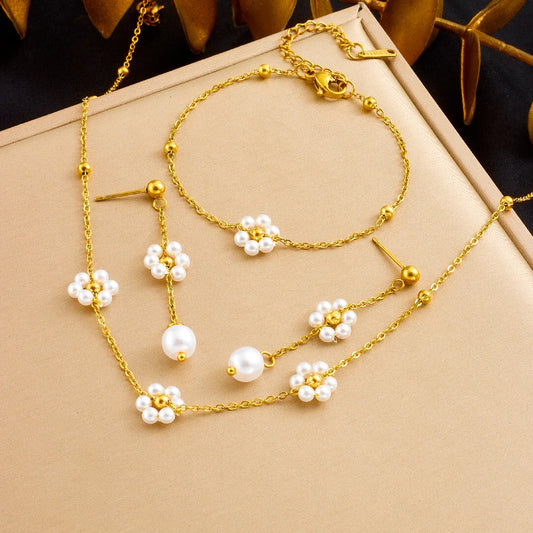 Pearl Flower Jewelry Set Stainless Steel
