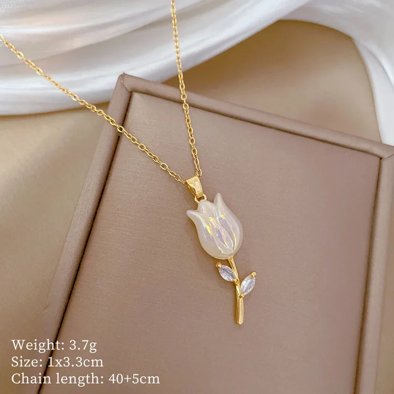 Rose Flower Pendant Necklace Stainless Steel