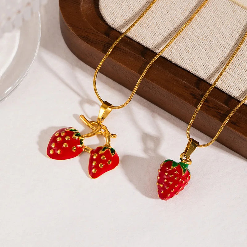 Strawberry Pendant Necklace Stainless Steel Enamel Chain