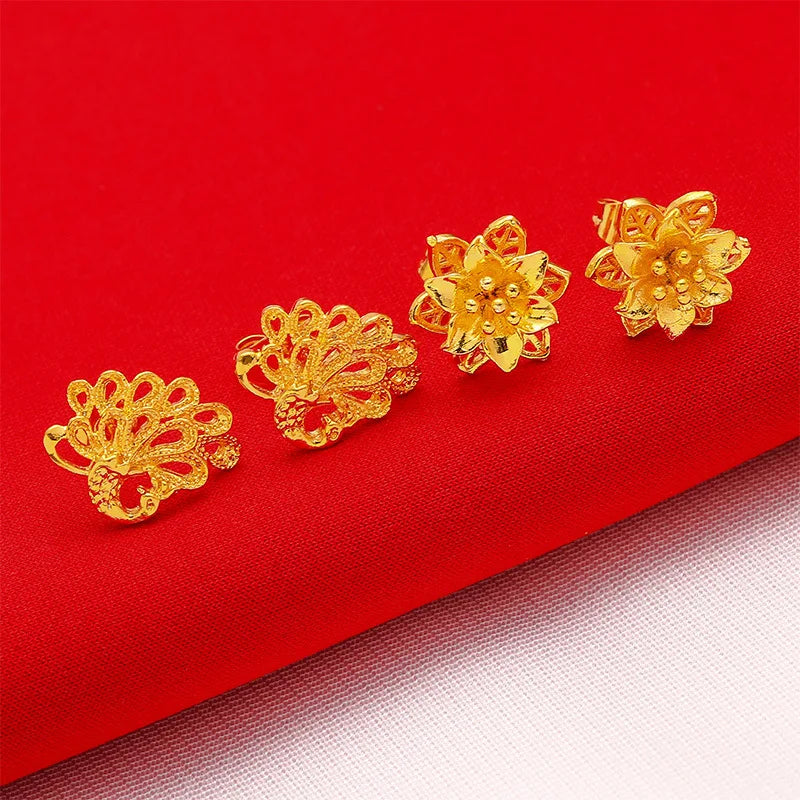 24K Gold Flower Euro  Coin Stud Earrings Vintage