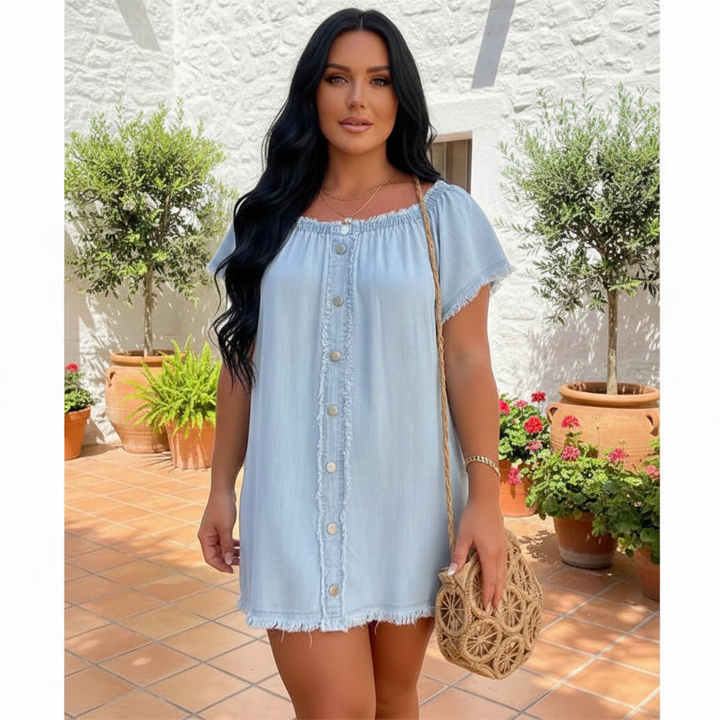 Off-Shoulder Denim Look Shirt Dress