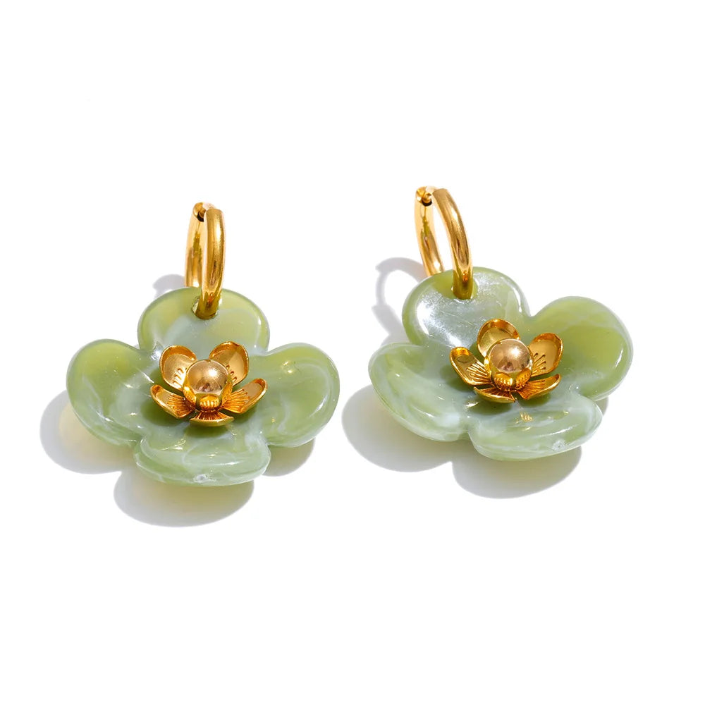 Women’s Flower Drop Hoop Earrings Stainless Steel Resin Gold Plated Trendy