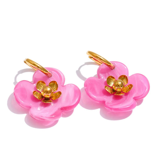 Women’s Flower Drop Hoop Earrings Stainless Steel Resin Gold Plated Trendy