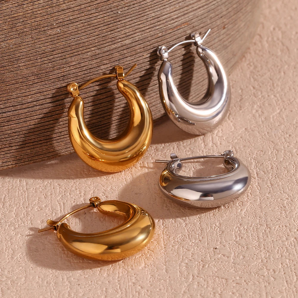 Women U Shape Hoop Earrings 316L Stainless Steel Waterproof Gold Silver