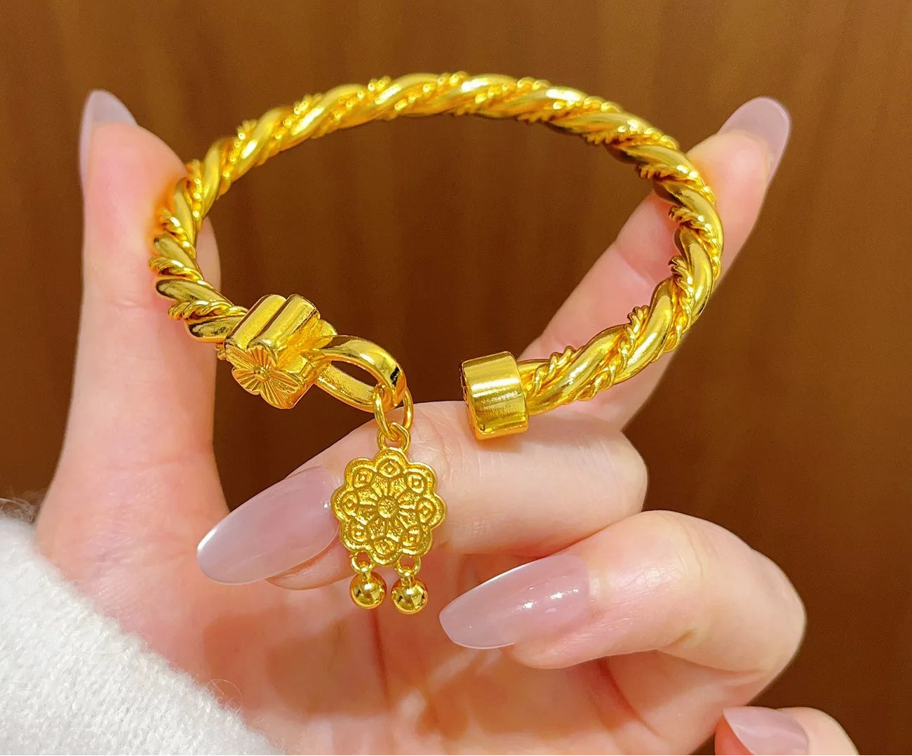 24K Gold Peach Blossom Open Bangle Bracelet for Women Lucky Symbol Jewelry