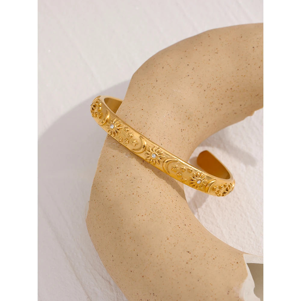Vintage Gold Moon Star Sun Cuff Waterproof Stainless Steel Bangle