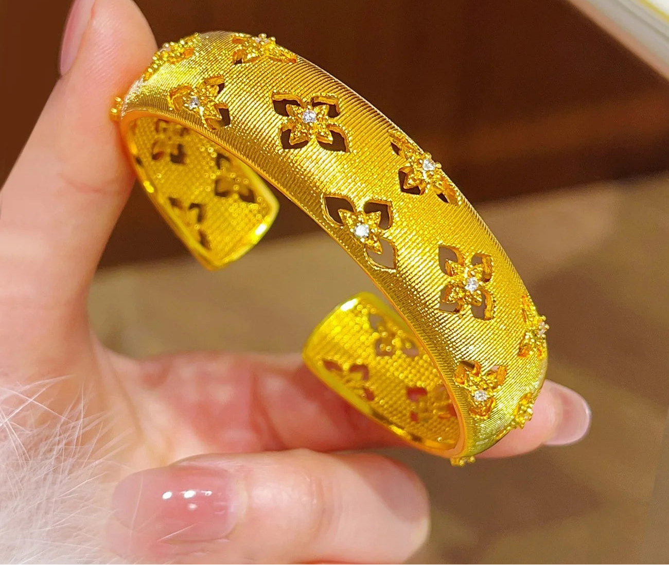24K Gold Filled Clover Cuff Bangle Bracelet for Women Lucky Hollow Design Zircon