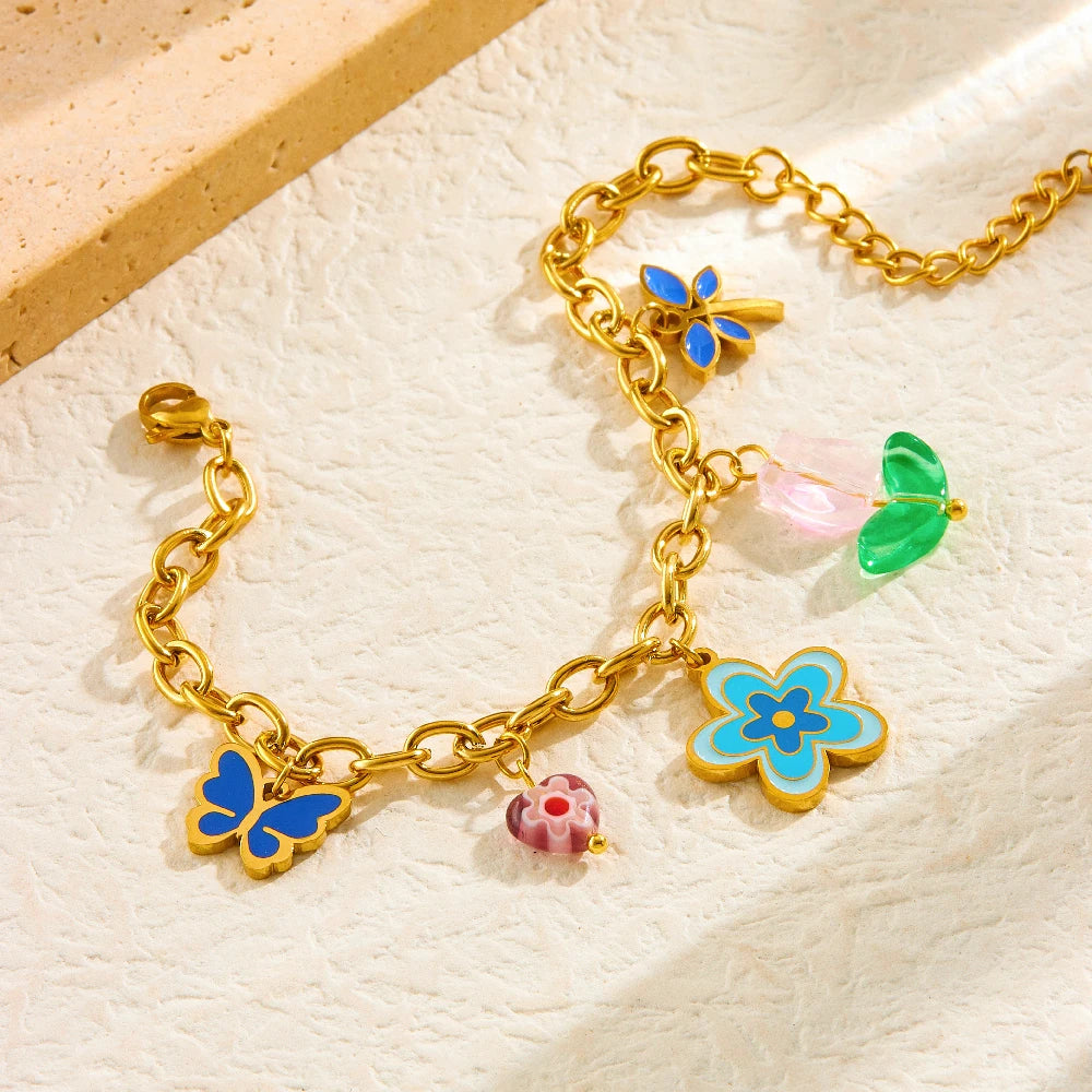 Elegant Blue Enamel Vintage  Flower Stainless Steel Jewelry Set