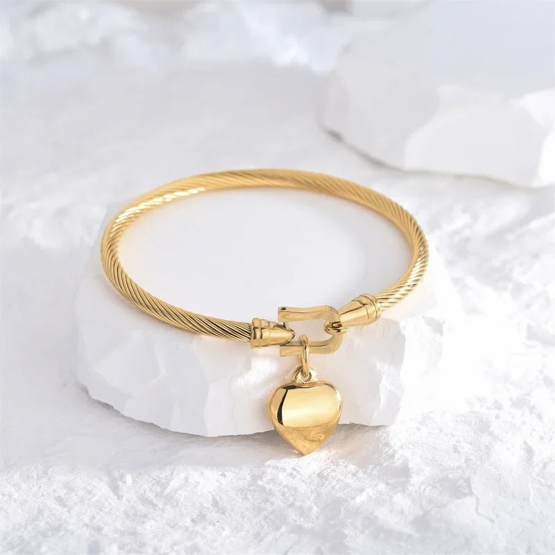 18K Gold-Tone Heart Charm Bangle Stainless Steel Vintage