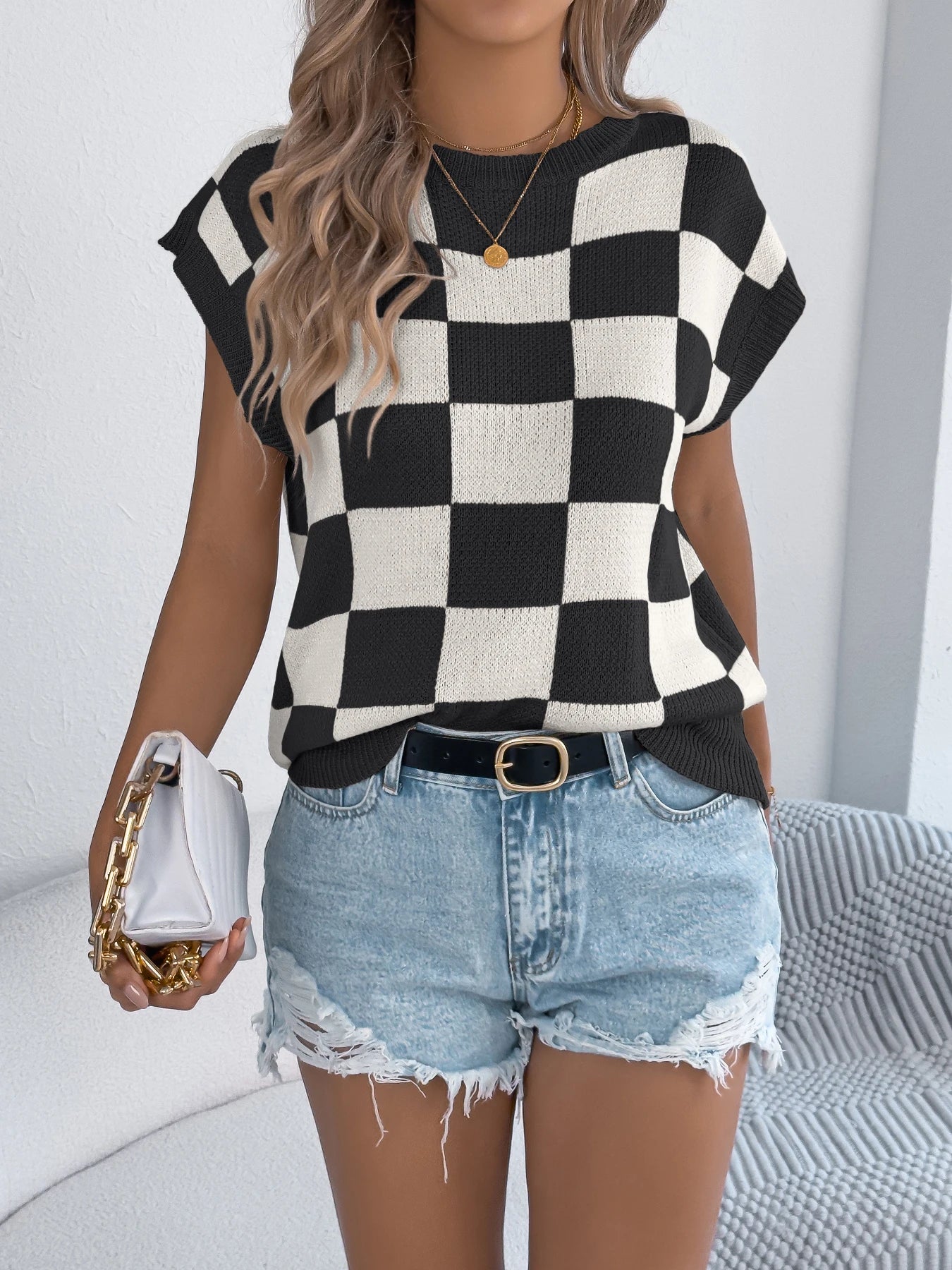 Color Block Plaid Knit Top Short Sleeve Pullover