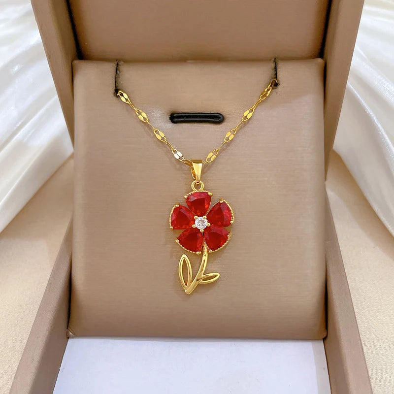 Red Crystal Flower Pendant Necklace – Stainless Steel