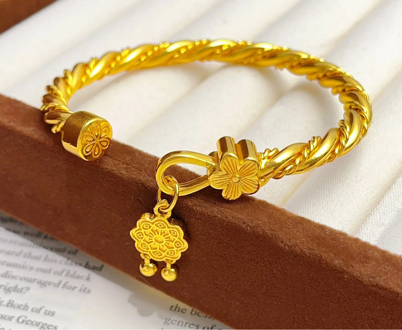 24K Gold Peach Blossom Open Bangle Bracelet for Women Lucky Symbol Jewelry