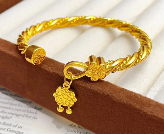 24K Gold Peach Blossom Open Bangle Bracelet for Women Lucky Symbol Jewelry