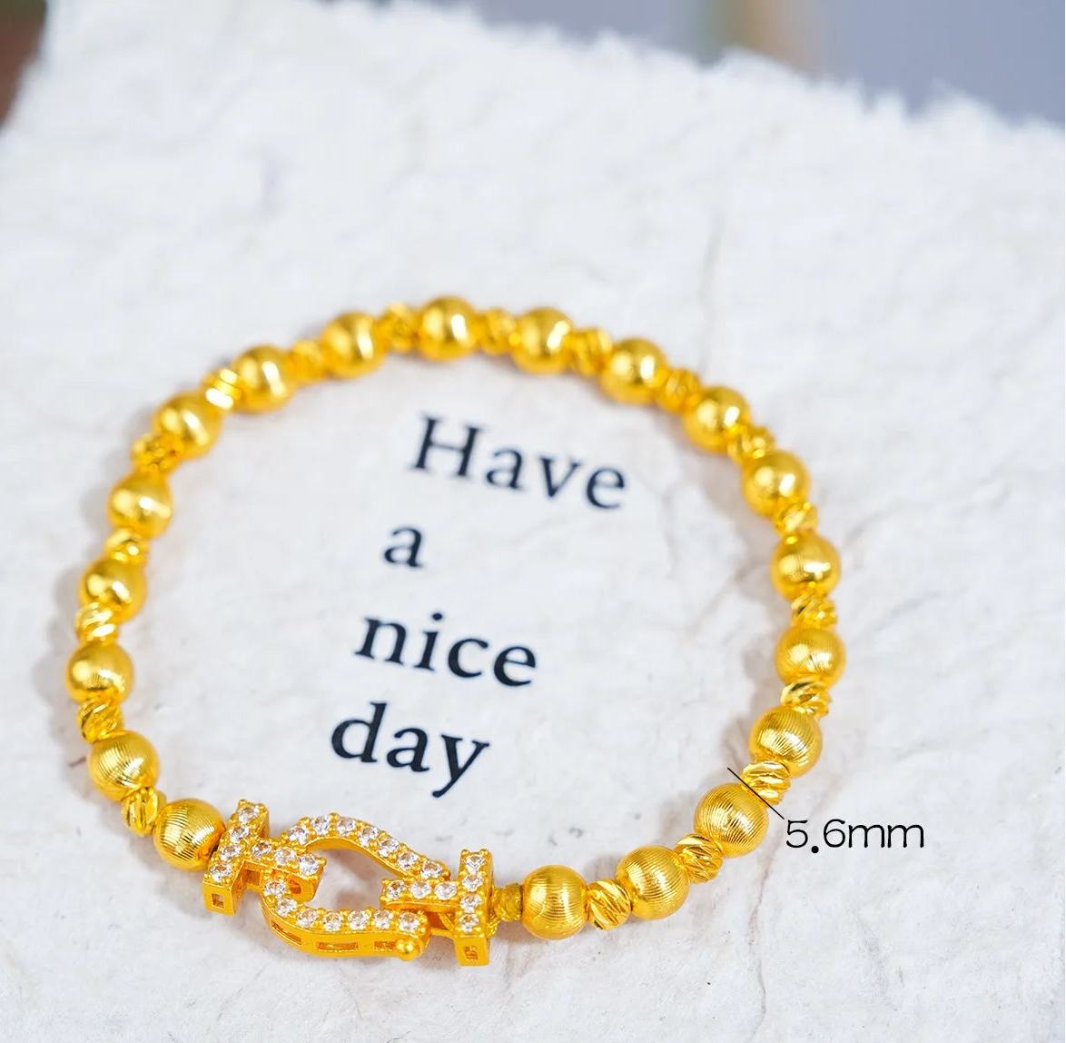 24K Gold Filled Cat Eye Bead Bracelet for Women Horseshoe Clasp Zircon Elegant