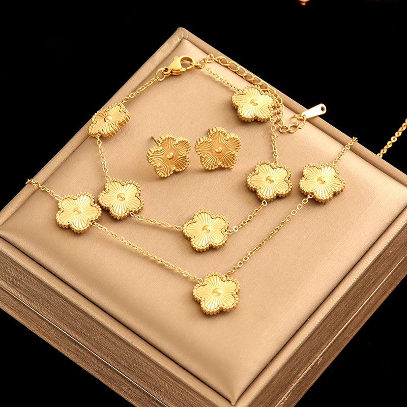 Five Clover Necklace Bracelet Earrings 18K Gold Plated Jewelry Set