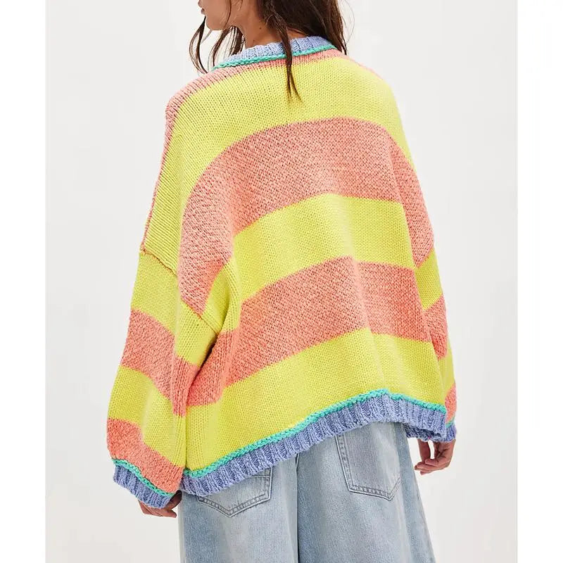 Women Striped Crew Neck Sweater Loose Fit Casual Knit Pullover Top