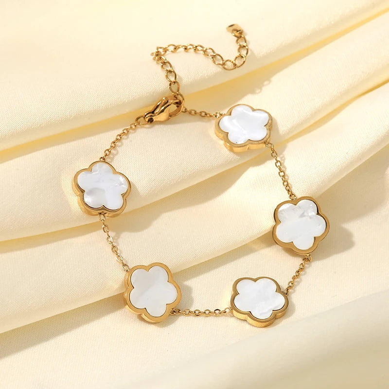 Five Clover Necklace Bracelet Earrings 18K Gold Plated Jewelry Set