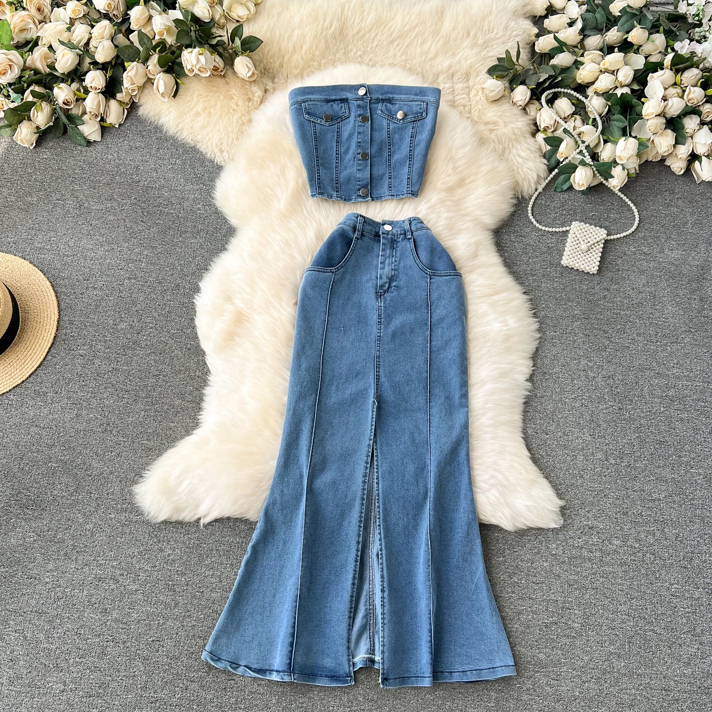 Denim Strapless Top and Long Skirt Set