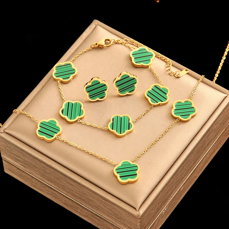 Five Clover Necklace Bracelet Earrings 18K Gold Plated Jewelry Set