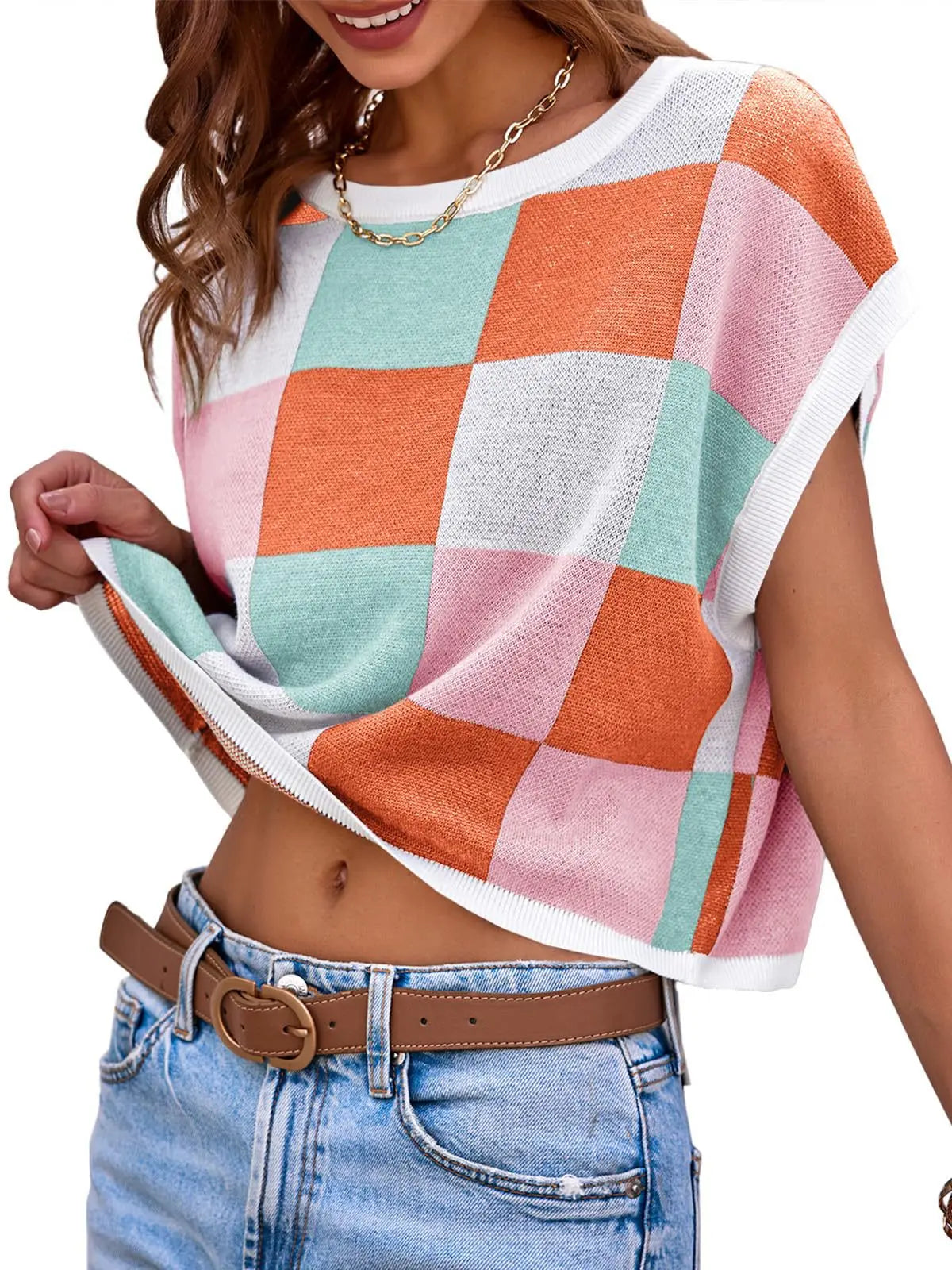 Color Block Checkerboard Knit Crop