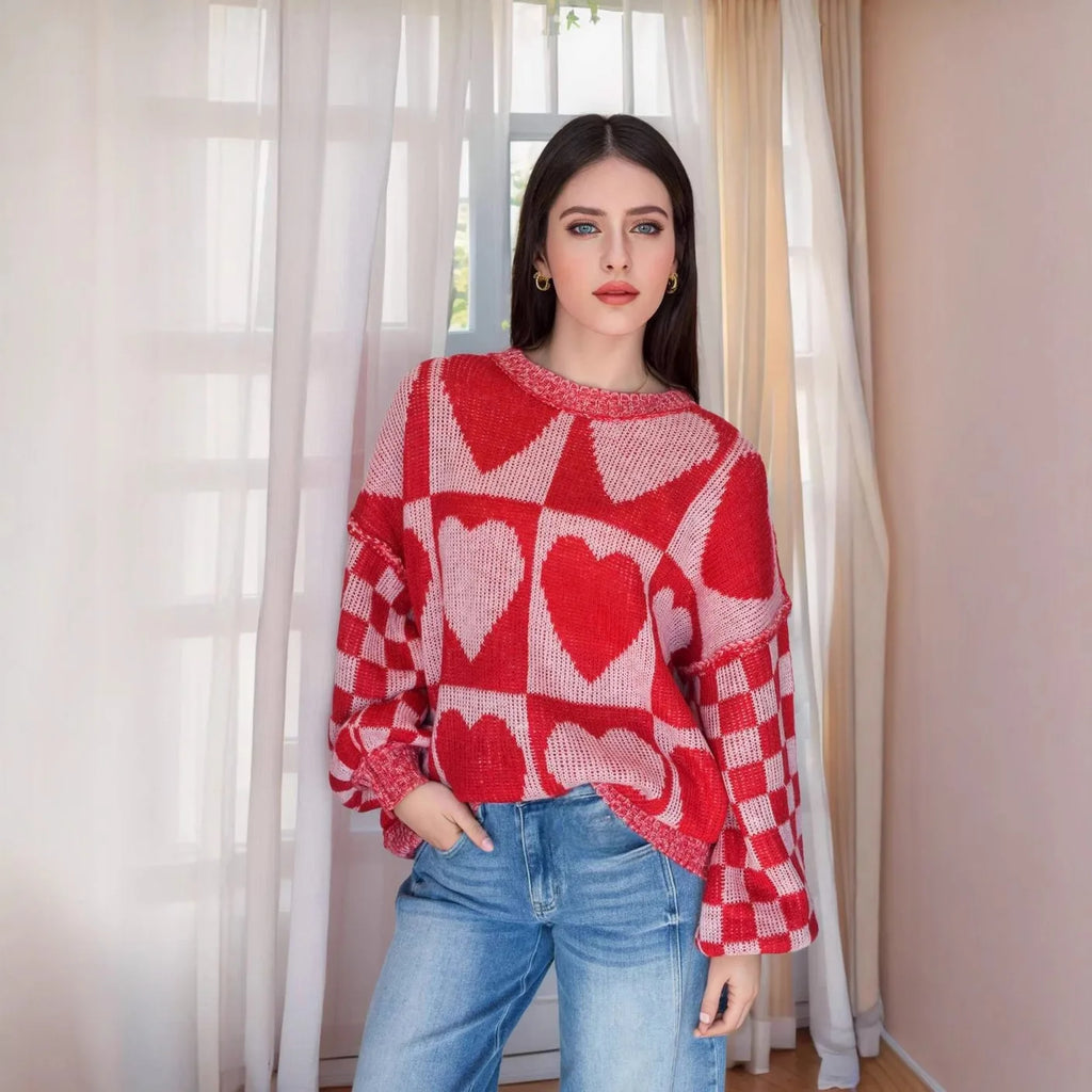 Casual Heart Knit Round Neck Sweater