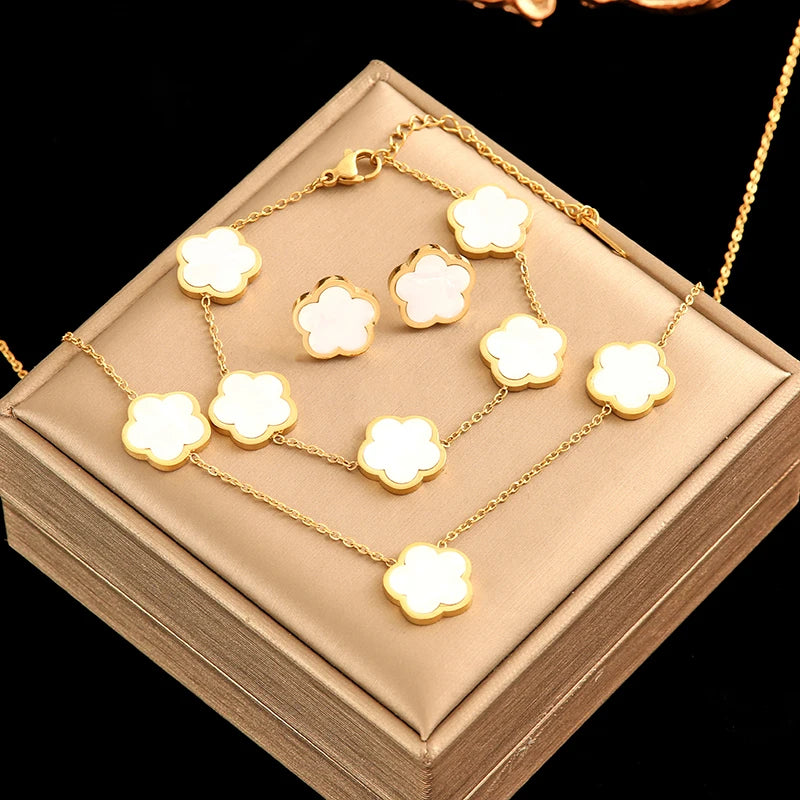 Five Clover Necklace Bracelet Earrings 18K Gold Plated Jewelry Set