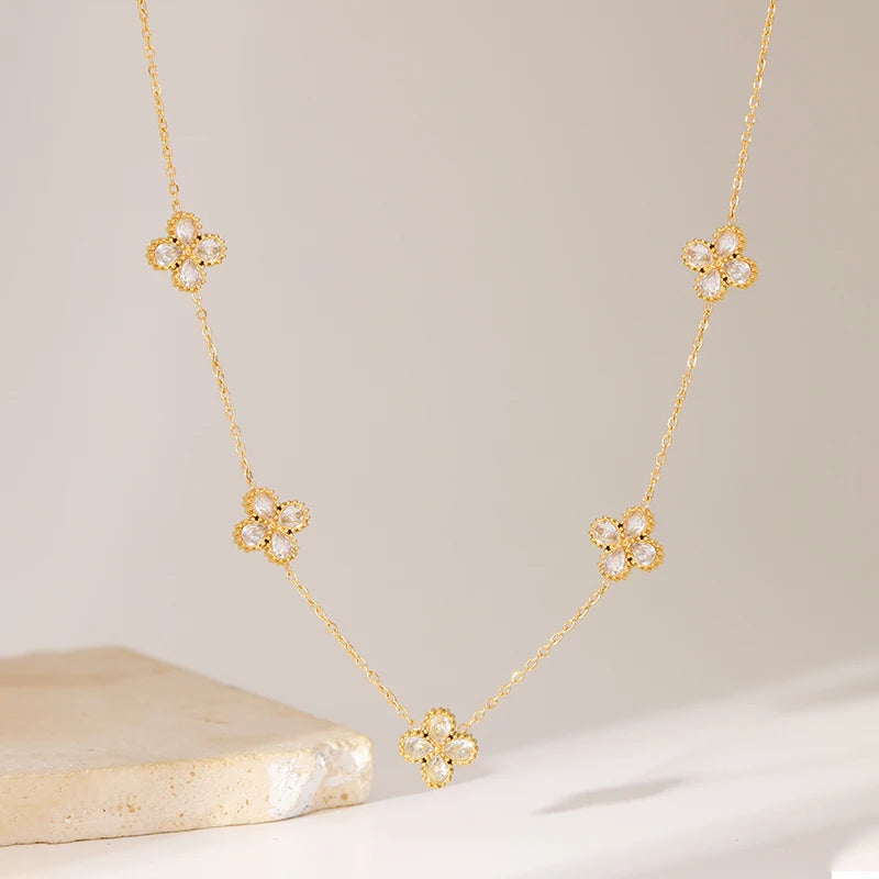 Gold-Tone Flower Zirconia Jewelry Set  Waterproof Stainless Steel