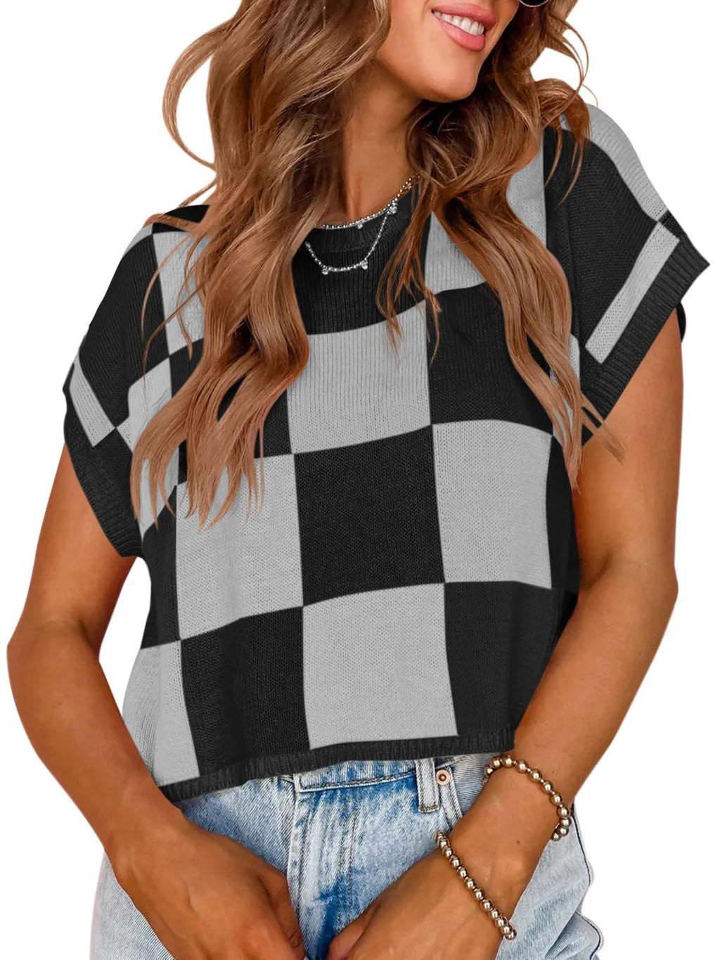 Color Block Checkerboard Knit Crop