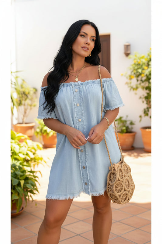 Off-Shoulder Denim Look Shirt Dress